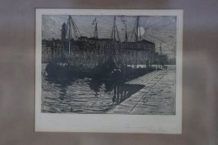 Sir Charles Holroyd (1861-1917), engraving, 'Fishing boats at the harbour side', 25 x 29cm and print