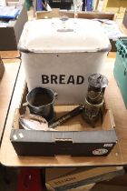 Miners lamp, enamel bread bin etc