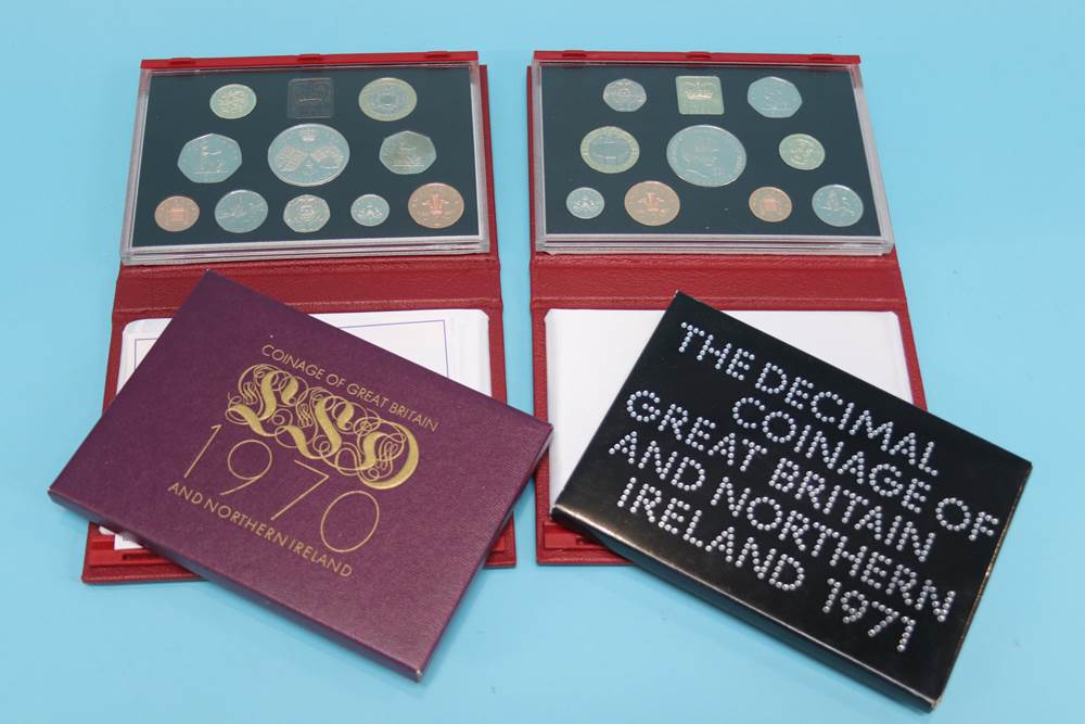 Royal Mint proof sets 1970, 1971, 1989, 1990, 1997, 1998, 1999, 2005 and 2008