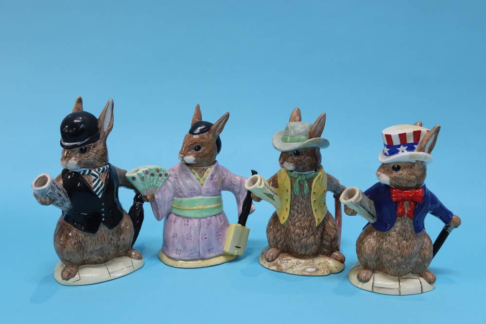 Four Royal Doulton 'Bunnykins' teapots, 'Geisha Girl', 'London City Gent', 'USA President' and '