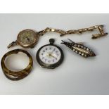 A ladies 9ct gold wristwatch, a Continental pocket watch and a brooch