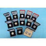 Fourteen Royal Mint £2 silver proof piedfort coins, all different, in cases with certificates