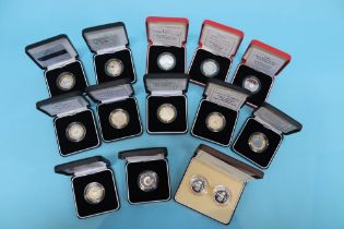 Fourteen Royal Mint £2 silver proof piedfort coins, all different, in cases with certificates