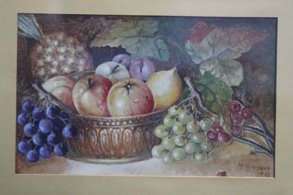 M. Gregory, watercolour, signed, dated 1913, 'Still Life', 24 x 38cm and E.E M***, oil, signed,