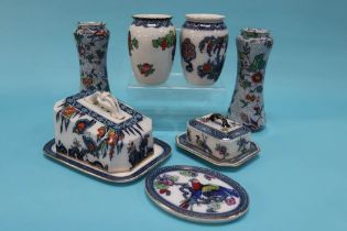Two pairs of Losol Ware vases, a cheese dish, a butter dish and teapot stand (7)