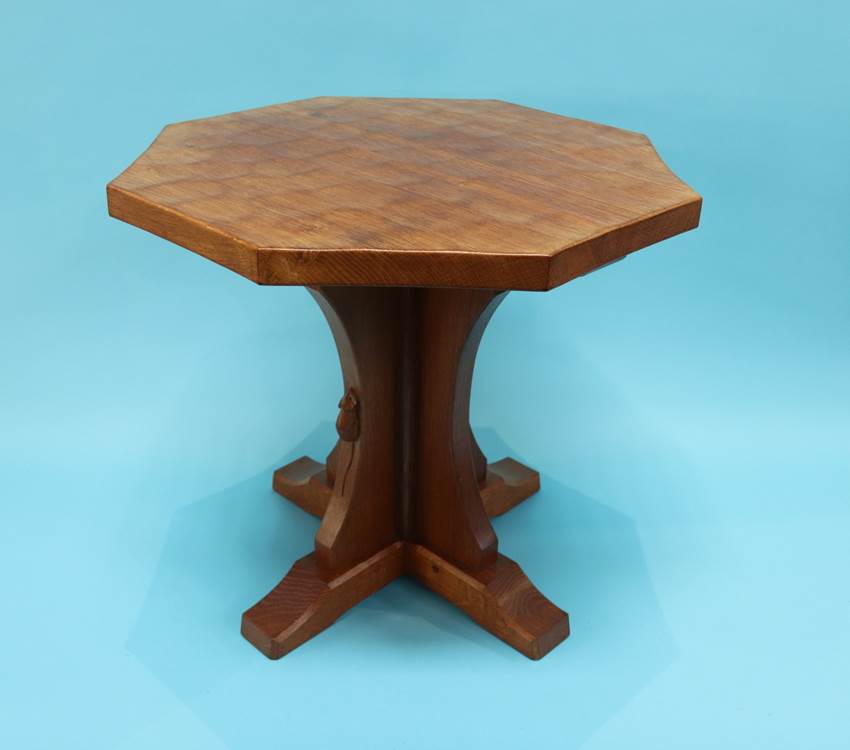 A Robert 'Mouseman' Thompson of Kilburn octagonal coffee table, W 50cm, H 48cm - Image 2 of 5