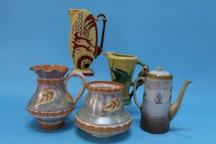 A Burleigh ware jug and vase, a Parrot jug, a leaping deer jug etc