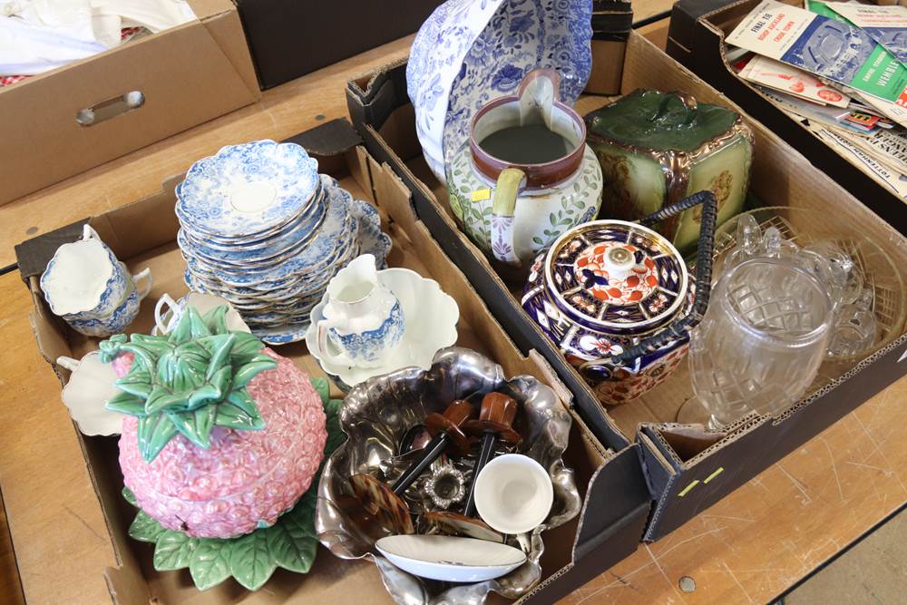 Two trays of assorted including a Sunderland Lustre jug, Edwardian teaset etc