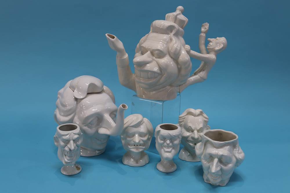 Novelty teapots to include The Queen, Margaret Thatcher, Salt and Pepper, Tony and Cherie, two Fluck