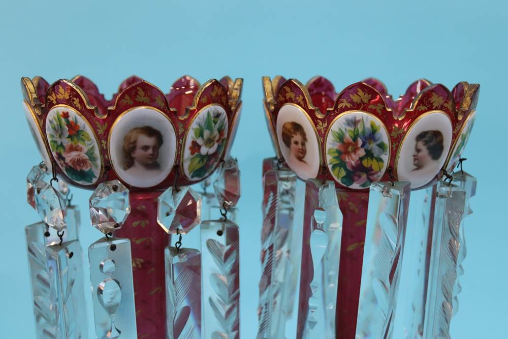 A pair of Victorian Bohemian style red lustres, each with enamelled decorative portraits, floral - Image 2 of 13