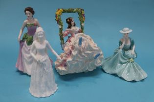 Two Royal Doulton and two Coalport figures, with two boxed Doulton dolls