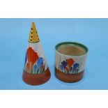 A Clarice Cliff for Newport pottery Bizarre 'Crocus' pattern sugar sifter, 14cm and a preserve