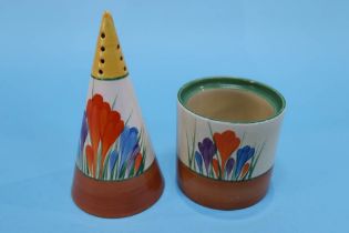 A Clarice Cliff for Newport pottery Bizarre 'Crocus' pattern sugar sifter, 14cm and a preserve