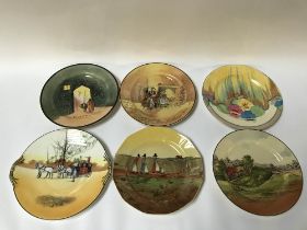 A decorative Clarice Cliff Bizarre pattern side plate and five Doulton series ware plates