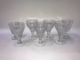 Four late 19th century 'hobnail' cut wine glasses and two others