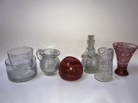 A French oil bottle, a flashed glass vase, two cut crystal water jugs, an etched glass bowl etc