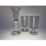 A 19th Century bell shaped air twist glass and two North East etched glasses, Cramlington, 1894