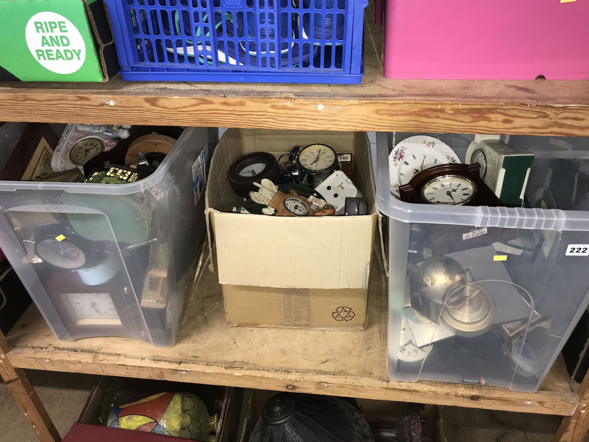 Three boxes of clocks etc