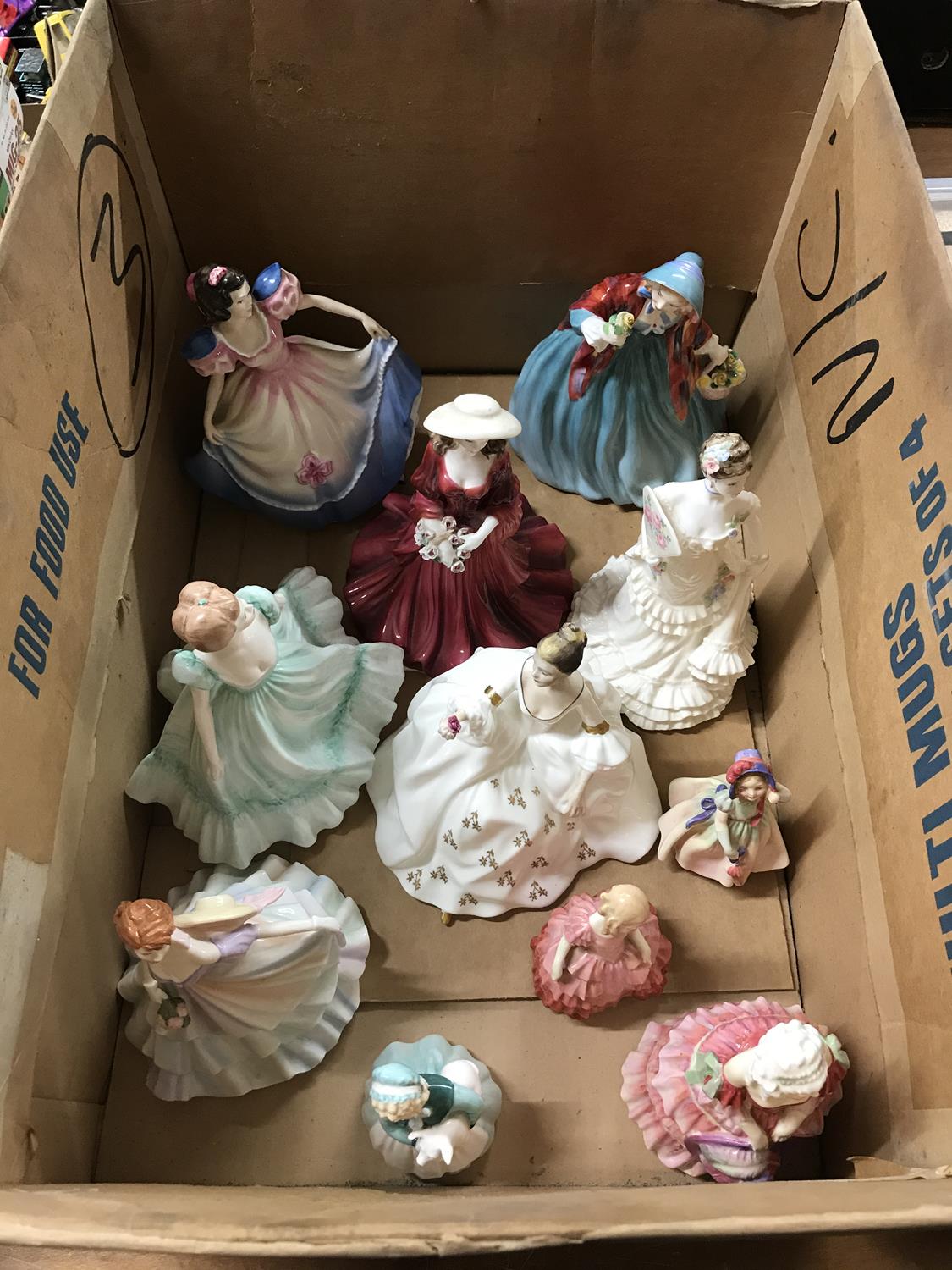 Box of Royal Doulton and Coalport figurines