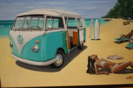 Oil on canvas VW & beach scene Bernard Reeves 64cm