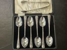 Cased set of six silver teaspoons and a pair of su