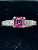 9ct White gold ring set with ruby & diamonds Size