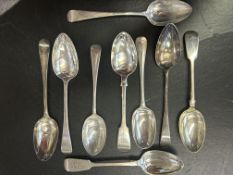 Collection of 9 silver serving spoons, Victorian &
