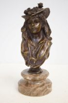 Art Nouveau cast bronze bust on marble base