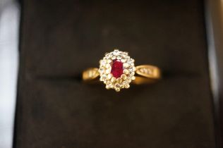 9ct gold ring with ruby and diamonds, size O, 3gra