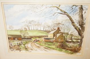 Framed watercolour farm scene signed J King
