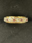 9ct Gold band ring set with rubies & diamonds Size