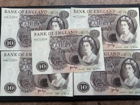 5x 1960's 10 pound notes all with consecutive numb