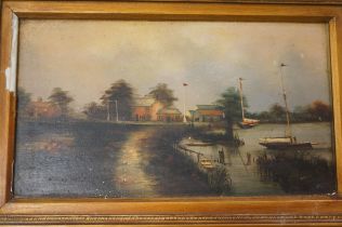 Small oil on board lake scene signed C Beaty 1887