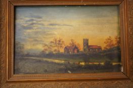 Victorian oil on board river & church scene signed