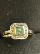 9ct Gold square shaped ring set with emeralds & di
