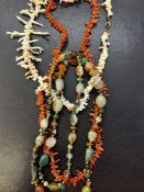 2 Coral necklaces & large semi precious stone neck