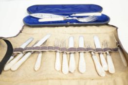 Cased fish server set & flatware with mother of pe