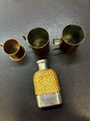 3x copper measuring jugs & a small flask