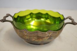Art Nouveau WMF handled bowl with green liner 20cm