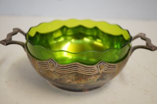 Art Nouveau WMF handled bowl with green liner 20cm