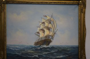 Oil on canvas ship scene signed Ambrose