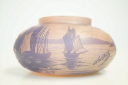 Small glass vase etched with boats all round & sig