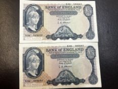 Five pound bank notes K06 593644-45 L.K.O'Brien 19