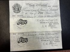 Two bank of England white five pound notes ZO2 065