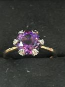 9ct Gold ring set with amethyst & diamonds Size Q