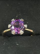 9ct Gold ring set with amethyst & diamonds Size Q