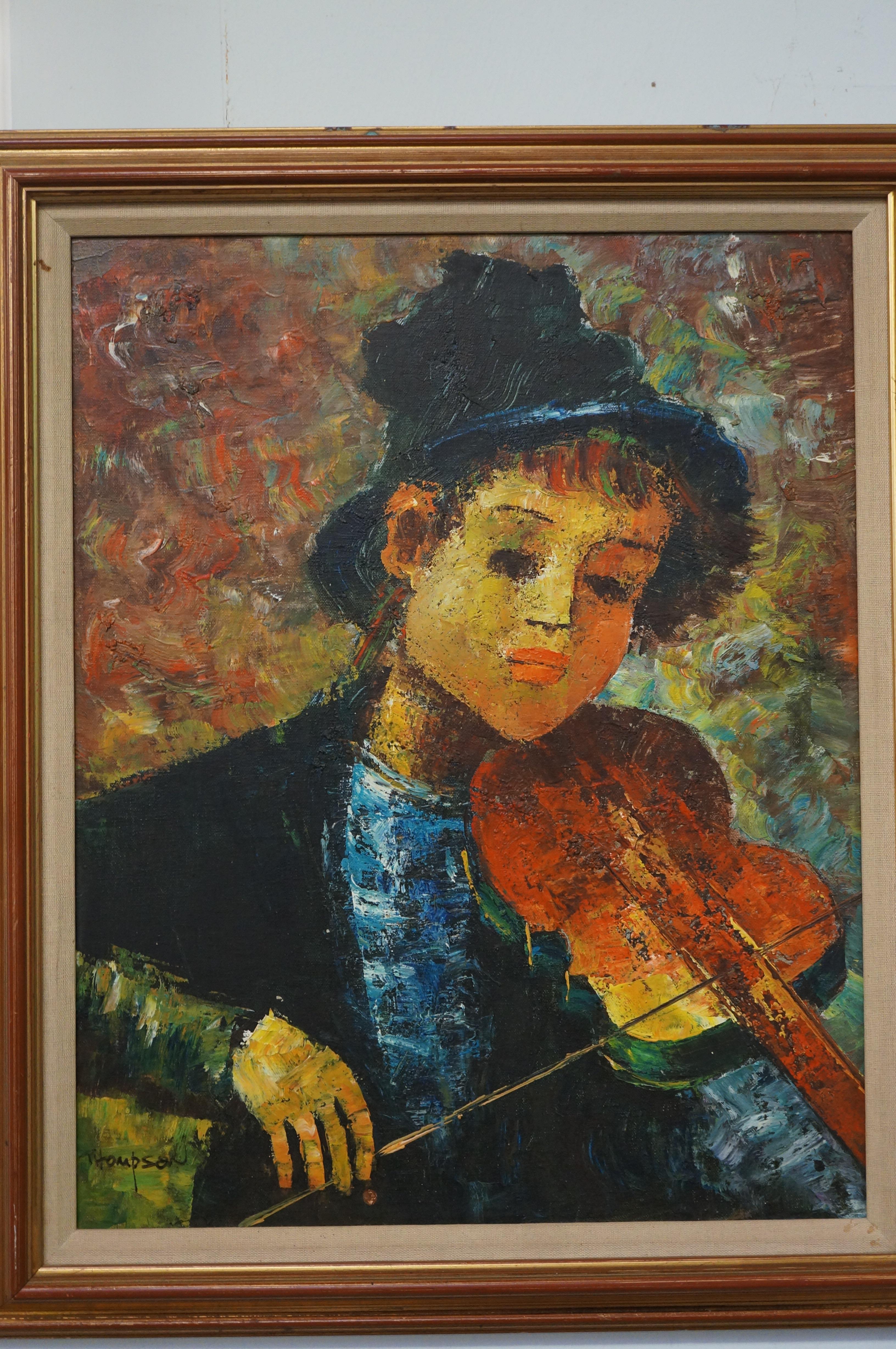 Oil on board boy playing violin signed T Hampson