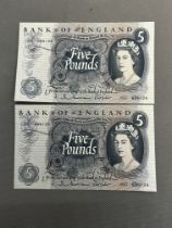 2 Five pound notes J50 696125-26 uncirculated sign