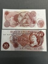 2 Ten shilling notes uncirculated L.K O'Brien D10