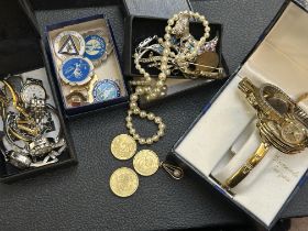 Collection of ladies wristwatch, pin badges & cost